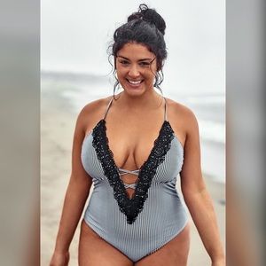 Stripy V-Neck Plus Size One Piece Swimsuit